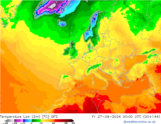 Temperature Low (2m) GFS Fr 27.09.2024 00 UTC