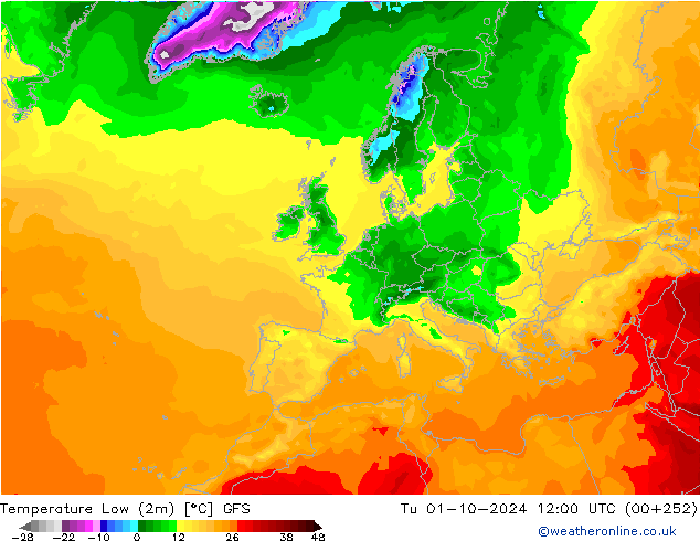 Temperature Low (2m) GFS 星期二 01.10.2024 12 UTC