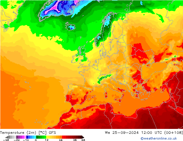 Temperature (2m) GFS We 25.09.2024 12 UTC