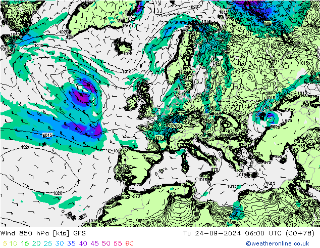 ветер 850 гПа GFS вт 24.09.2024 06 UTC