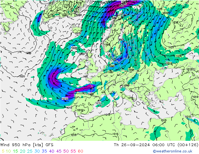 Viento 950 hPa GFS jue 26.09.2024 06 UTC