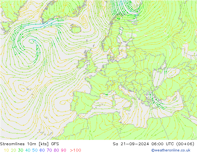 Linha de corrente 10m GFS Sáb 21.09.2024 06 UTC