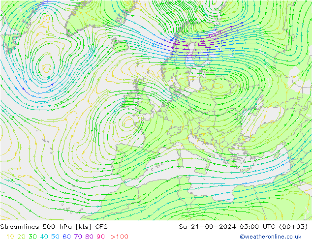 Linea di flusso 500 hPa GFS sab 21.09.2024 03 UTC