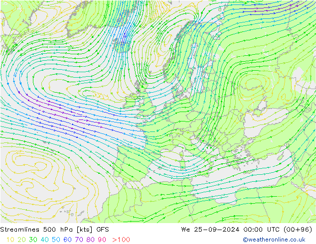 Streamlines 500 hPa GFS We 25.09.2024 00 UTC