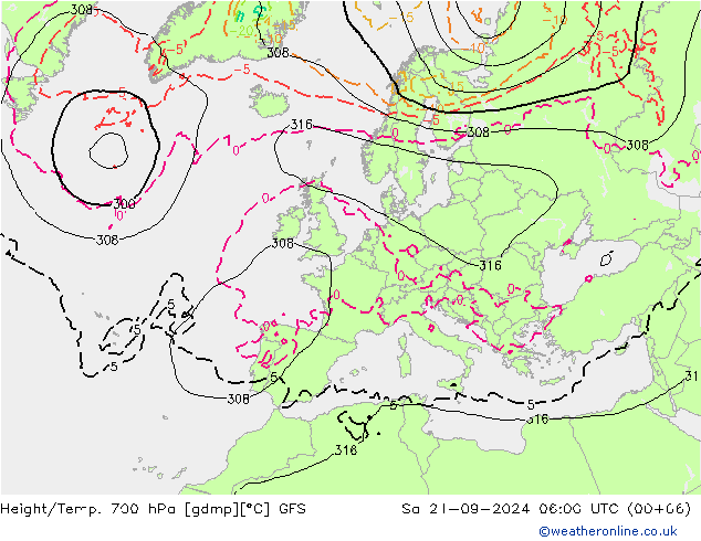 Height/Temp. 700 hPa GFS 星期六 21.09.2024 06 UTC