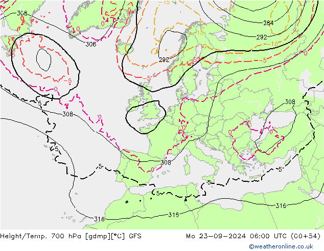 Height/Temp. 700 hPa GFS lun 23.09.2024 06 UTC