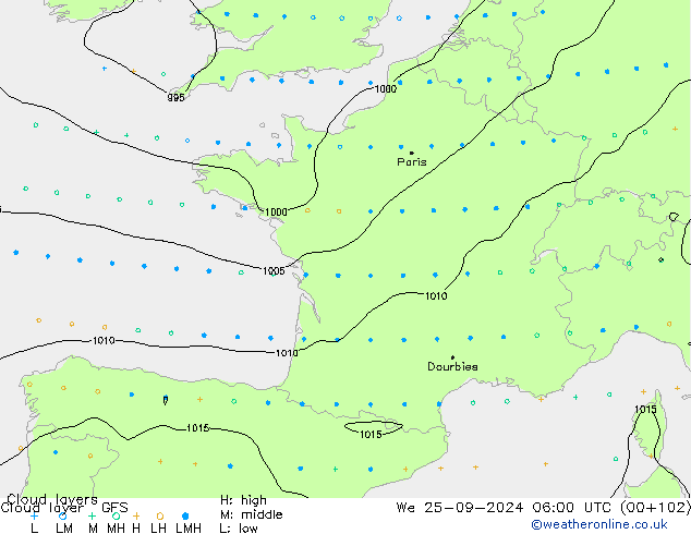 Cloud layer GFS Qua 25.09.2024 06 UTC