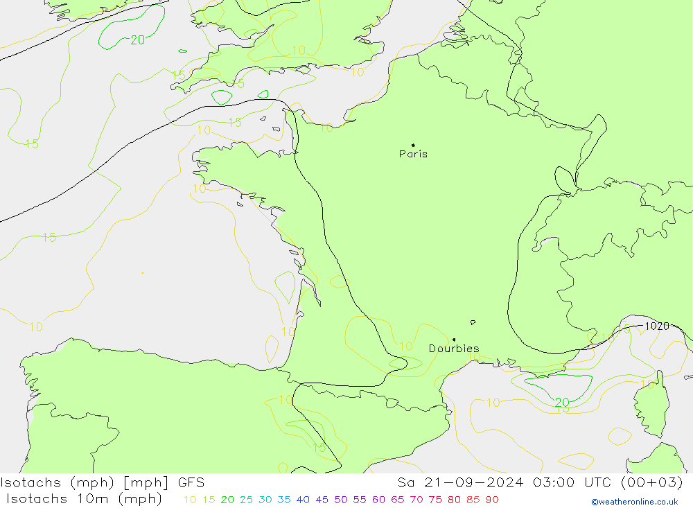 Isotachen (mph) GFS Sa 21.09.2024 03 UTC