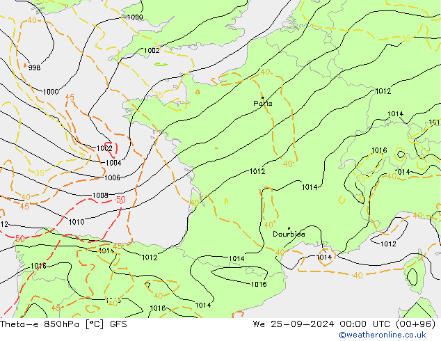 Theta-e 850hPa GFS We 25.09.2024 00 UTC