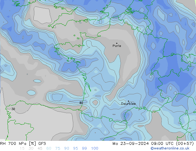 RH 700 hPa GFS Mo 23.09.2024 09 UTC