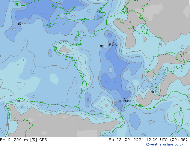 RH 0-300 m GFS Ne 22.09.2024 12 UTC