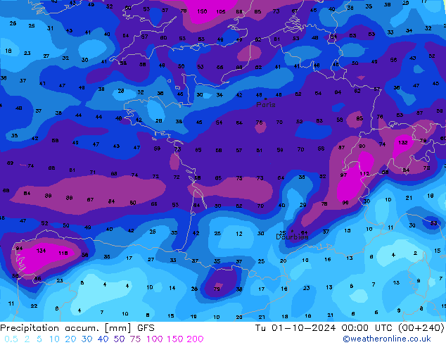 Totale neerslag GFS di 01.10.2024 00 UTC