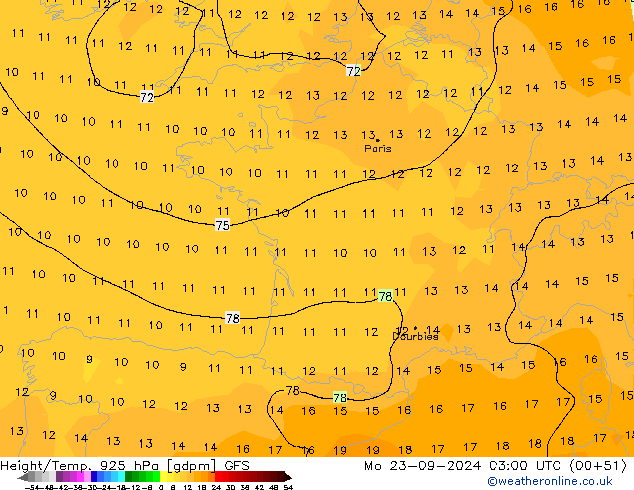 Height/Temp. 925 гПа GFS пн 23.09.2024 03 UTC