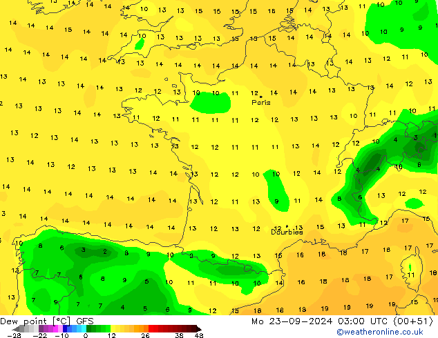 точка росы GFS пн 23.09.2024 03 UTC