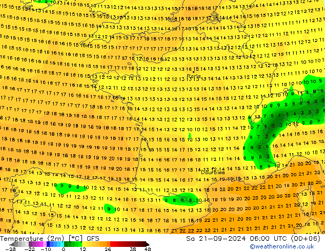 Temperatuurkaart (2m) GFS za 21.09.2024 06 UTC