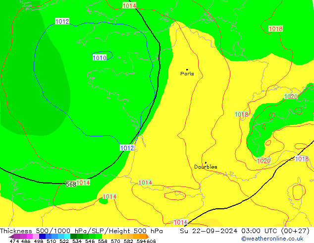 Dikte 500-1000hPa GFS zo 22.09.2024 03 UTC