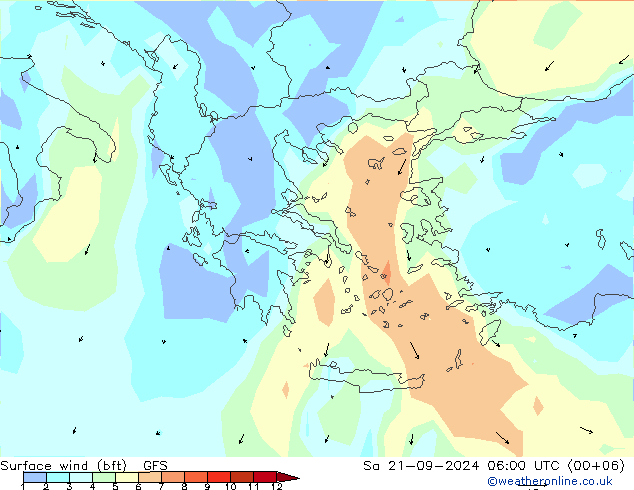 wiatr 10 m (bft) GFS so. 21.09.2024 06 UTC