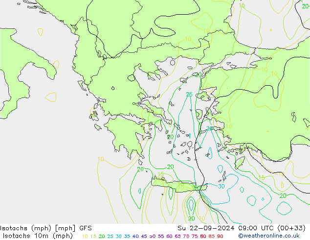 Isotachen (mph) GFS So 22.09.2024 09 UTC