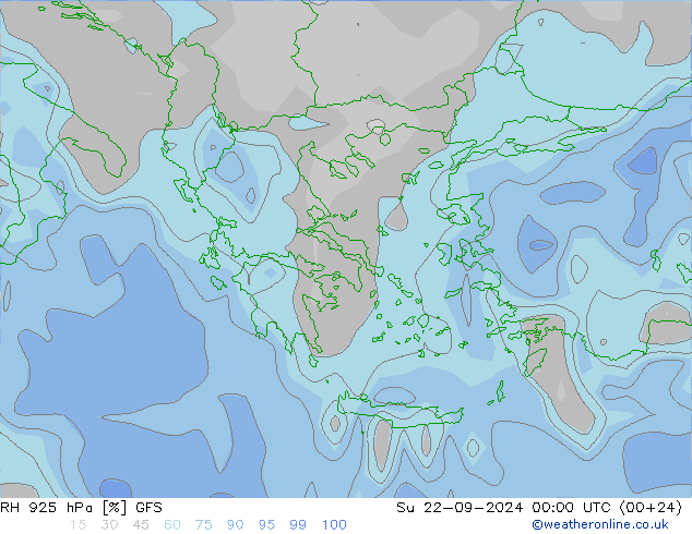 RH 925 hPa GFS Su 22.09.2024 00 UTC