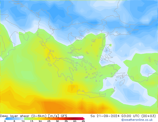 Deep layer shear (0-6km) GFS Sa 21.09.2024 03 UTC