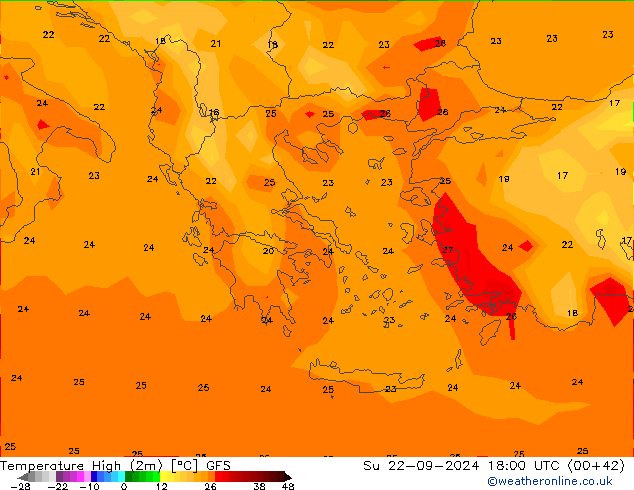 Темпер. макс 2т GFS Вс 22.09.2024 18 UTC