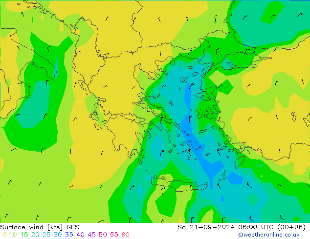 Neerslag 6h/Wind 10m/950 GFS za 21.09.2024 06 UTC