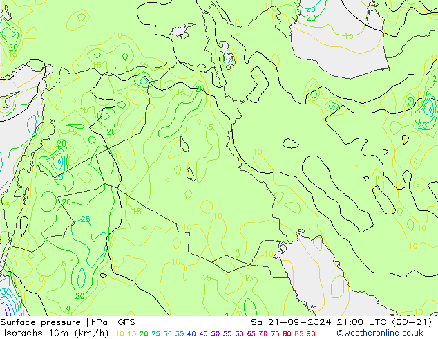 Izotacha (km/godz) GFS so. 21.09.2024 21 UTC