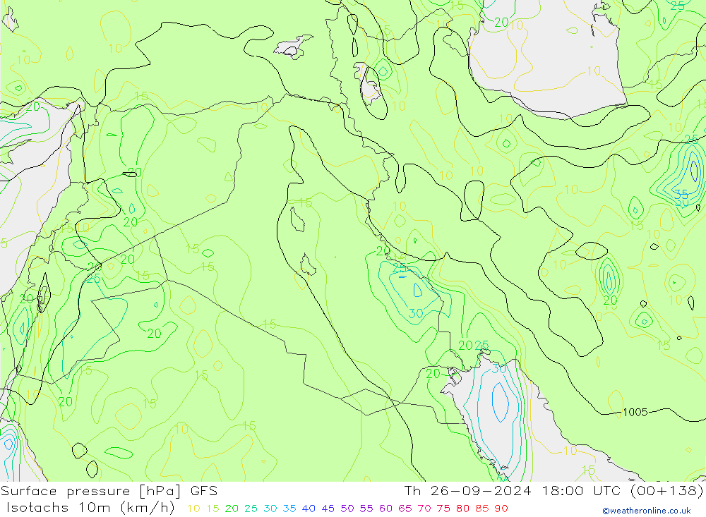 Isotachs (kph) GFS Th 26.09.2024 18 UTC