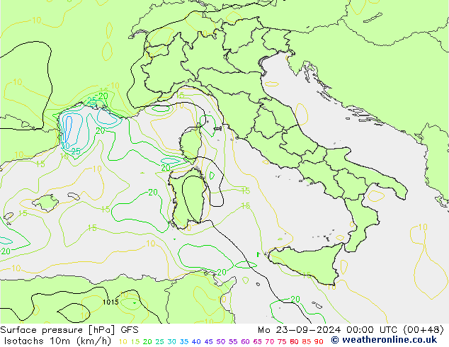 Isotachs (kph) GFS Mo 23.09.2024 00 UTC