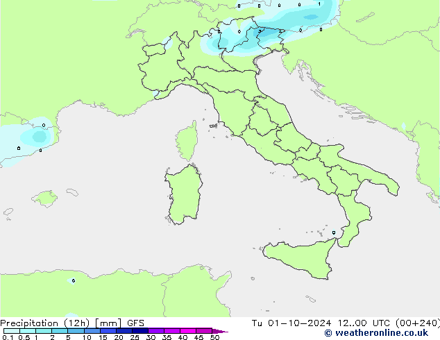 Totale neerslag (12h) GFS di 01.10.2024 00 UTC