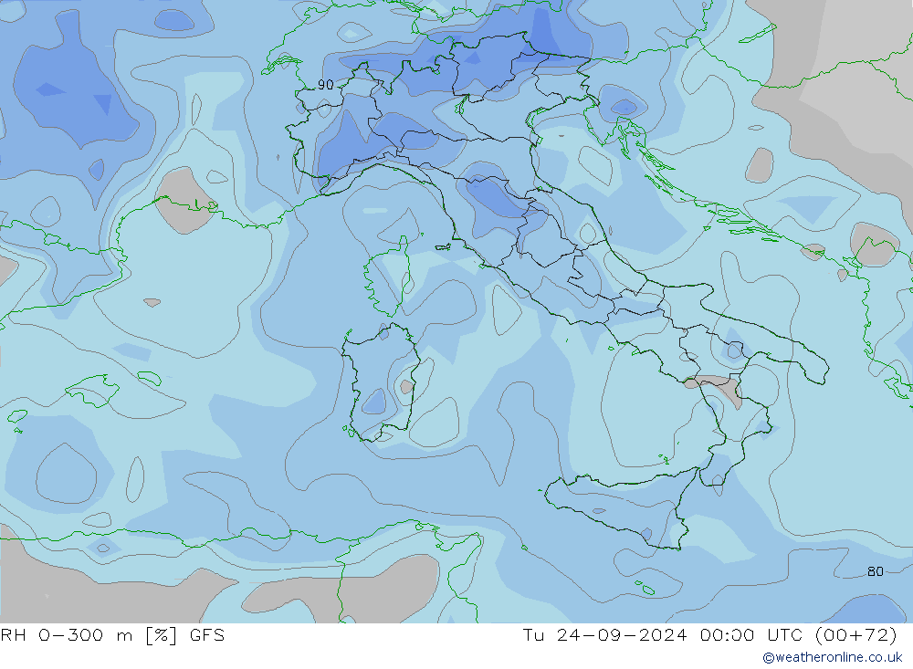 RH 0-300 m GFS Tu 24.09.2024 00 UTC