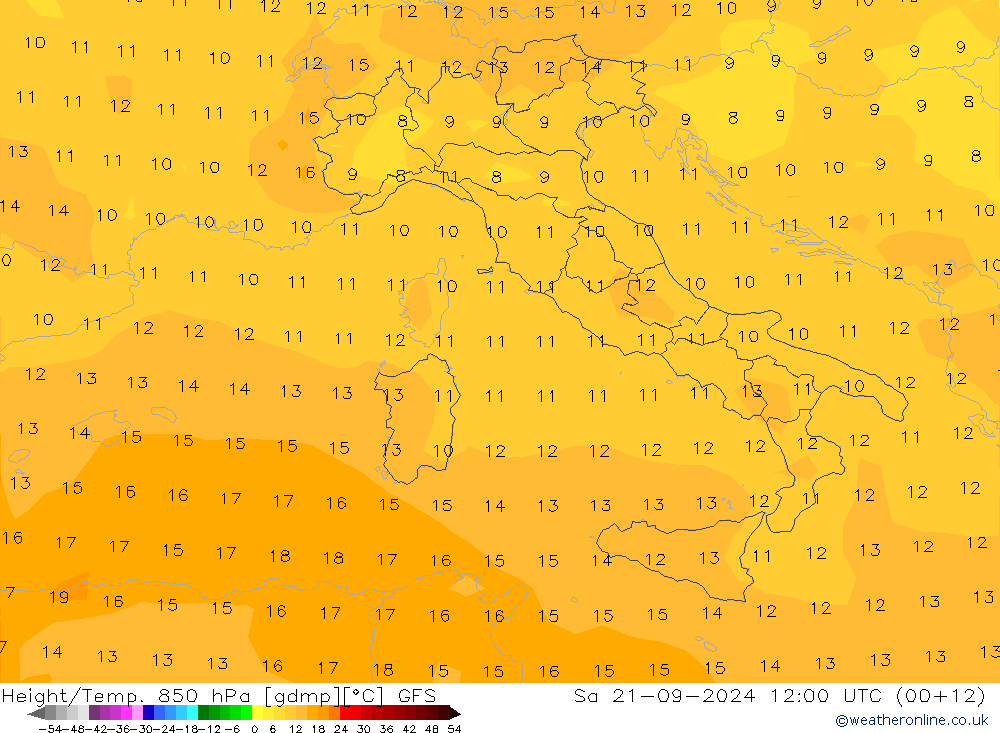 Hoogte/Temp. 850 hPa GFS za 21.09.2024 12 UTC