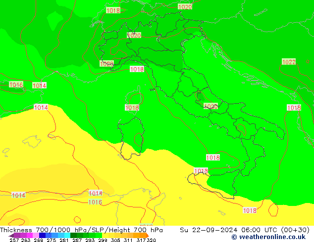 Thck 700-1000 hPa GFS Su 22.09.2024 06 UTC