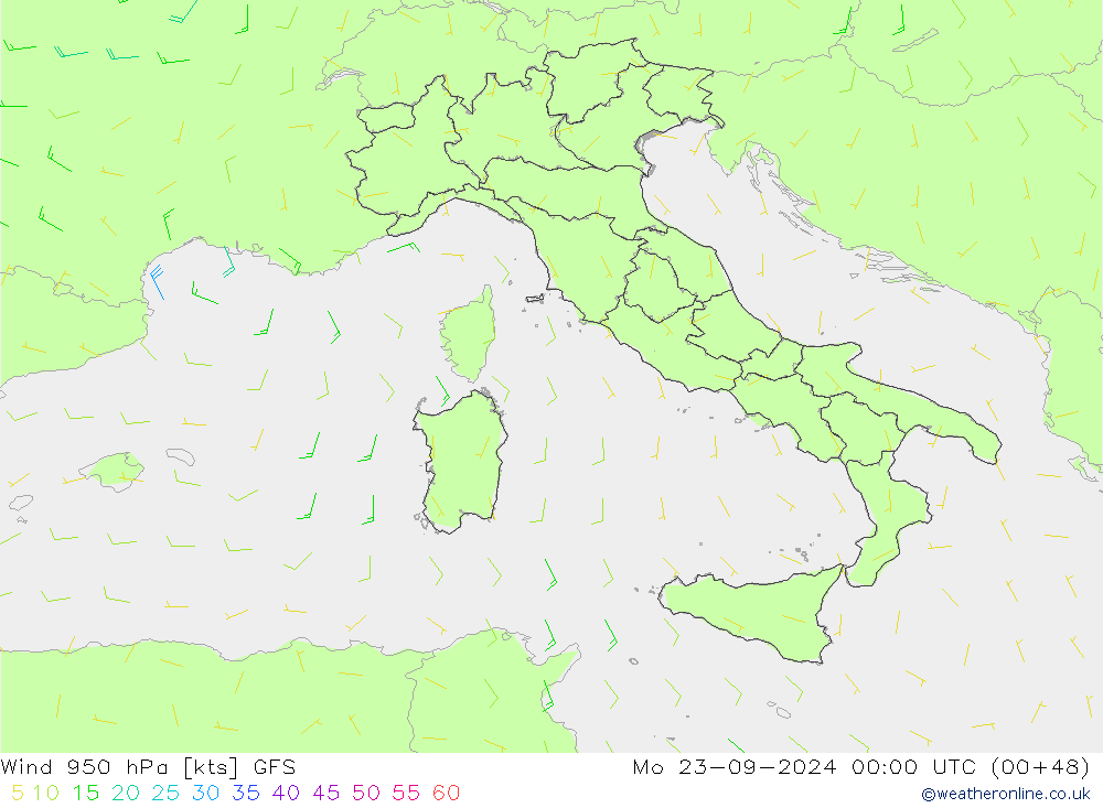 Neerslag 6h/Wind 10m/950 GFS ma 23.09.2024 00 UTC