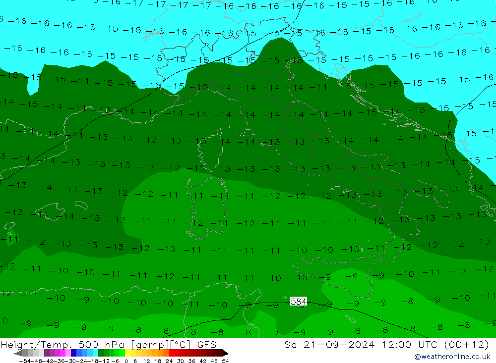 Height/Temp. 500 гПа GFS сб 21.09.2024 12 UTC