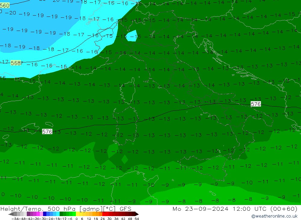 Height/Temp. 500 hPa GFS lun 23.09.2024 12 UTC