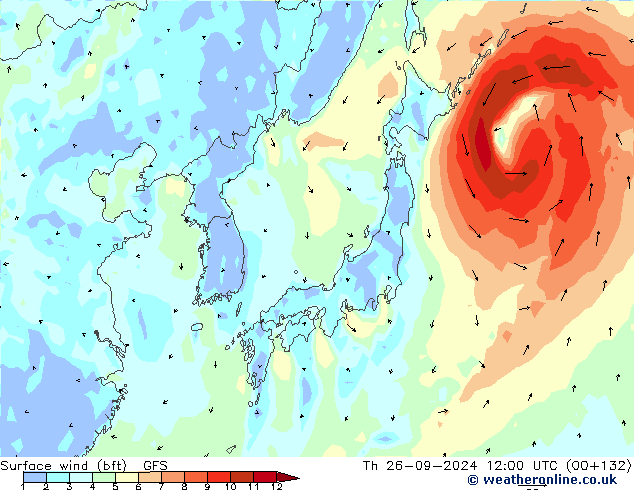 Surface wind (bft) GFS Th 26.09.2024 12 UTC