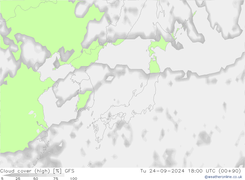 Cloud cover (high) GFS Tu 24.09.2024 18 UTC