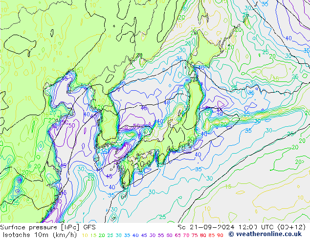 Isotachs (kph) GFS сб 21.09.2024 12 UTC