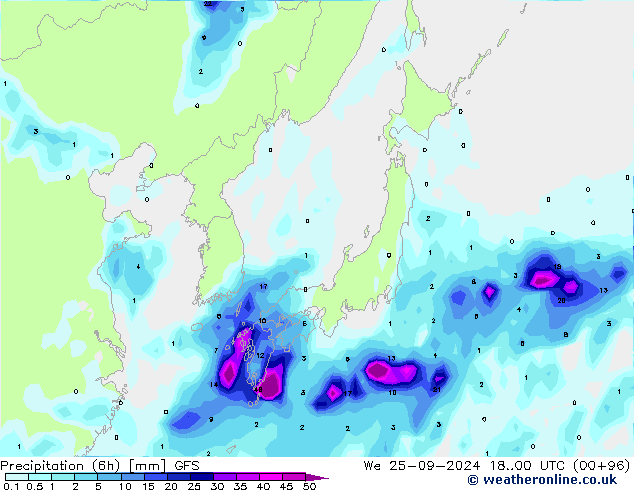 Precipitazione (6h) GFS mer 25.09.2024 00 UTC