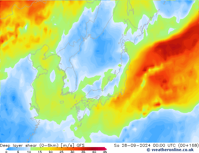 Deep layer shear (0-6km) GFS Sa 28.09.2024 00 UTC