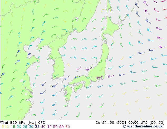 wiatr 850 hPa GFS so. 21.09.2024 00 UTC