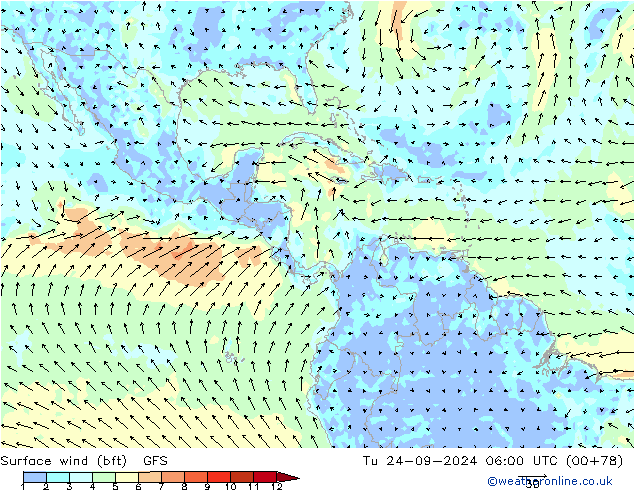 Surface wind (bft) GFS Tu 24.09.2024 06 UTC