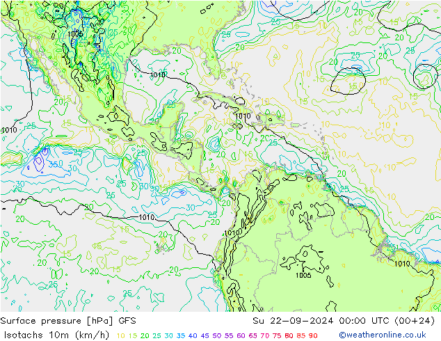 Isotachs (kph) GFS dim 22.09.2024 00 UTC