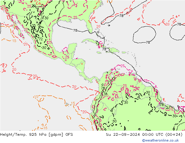 Height/Temp. 925 hPa GFS Su 22.09.2024 00 UTC