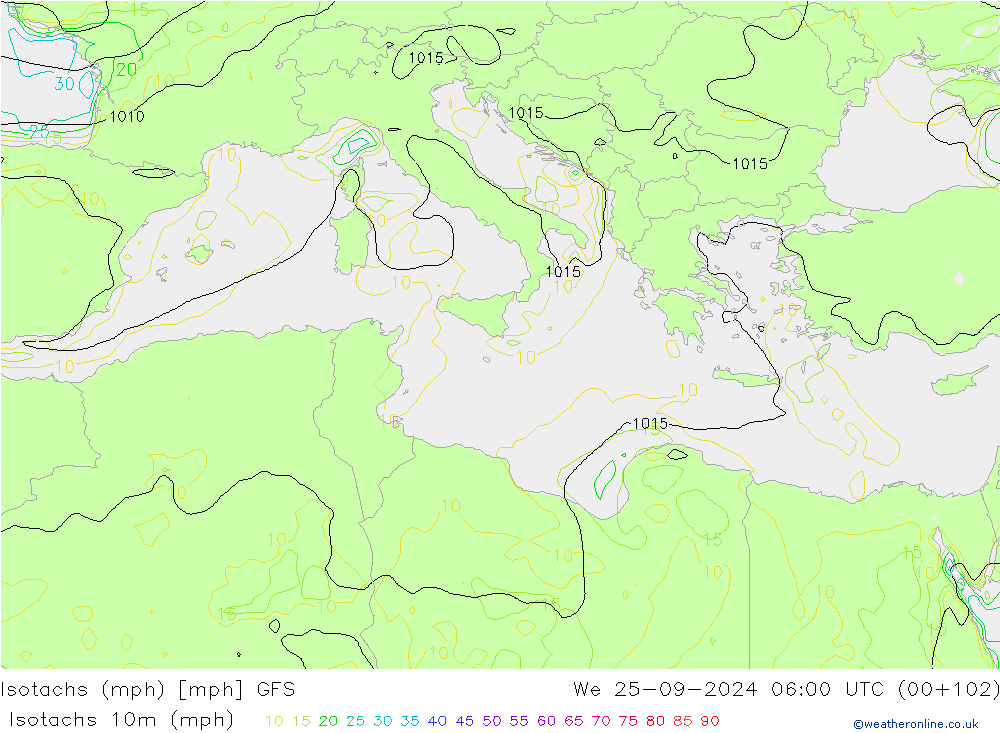 Isotachs (mph) GFS We 25.09.2024 06 UTC