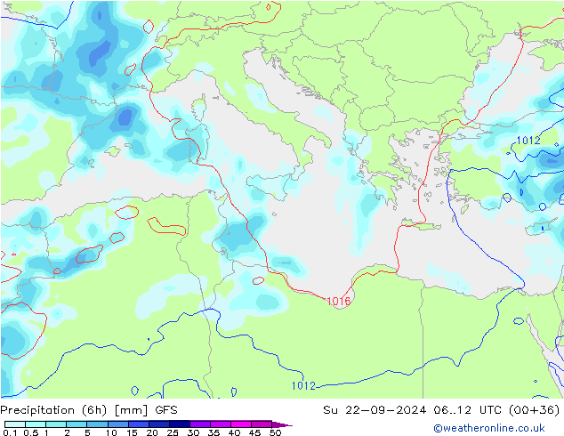 Totale neerslag (6h) GFS zo 22.09.2024 12 UTC