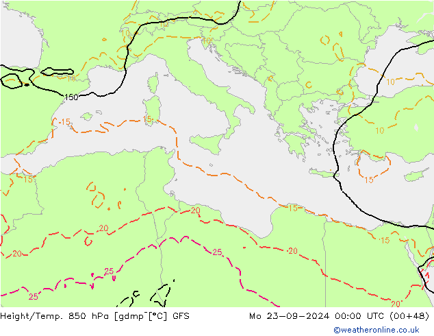 Geop./Temp. 850 hPa GFS lun 23.09.2024 00 UTC