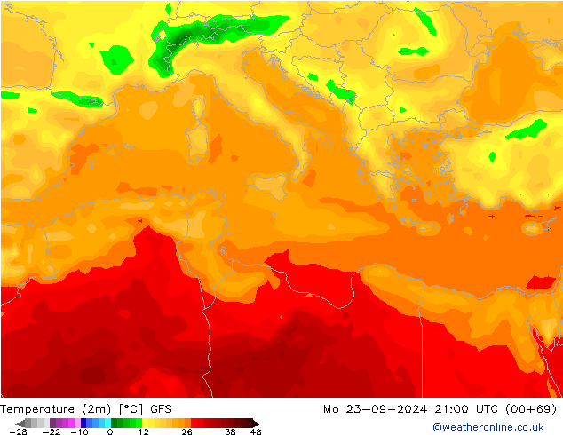 température (2m) GFS lun 23.09.2024 21 UTC