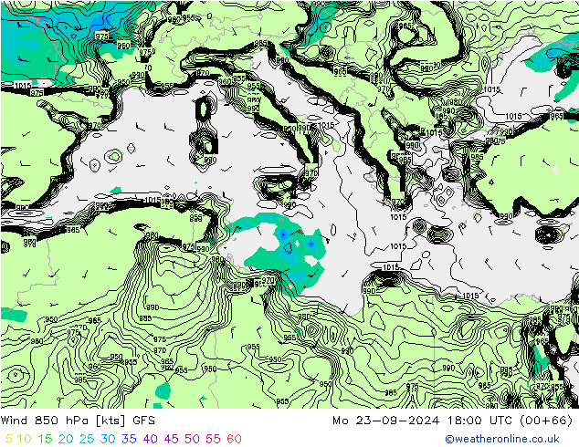 Wind 850 hPa GFS Mo 23.09.2024 18 UTC